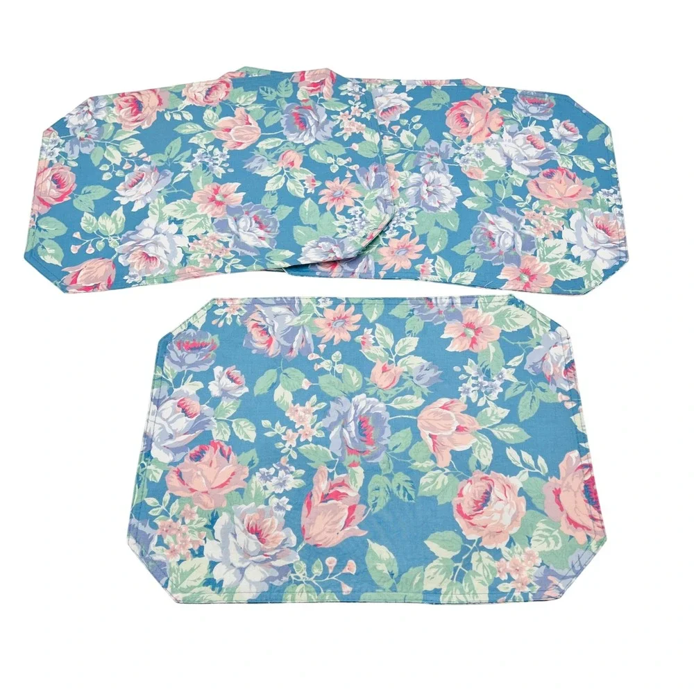 Set of 6 Floral Placemats Blue Pink Rose‎ Botanical Quilted Table Linens 18x13
